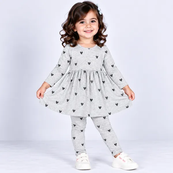 Grey_Heart_Print_Dress_And_Leggings_Set_for_Girls