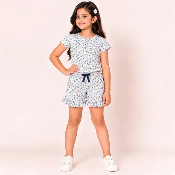 White_Poly_Cotton_Floral_Print_T-Shirt_And_Shorts_Set_For_Girls