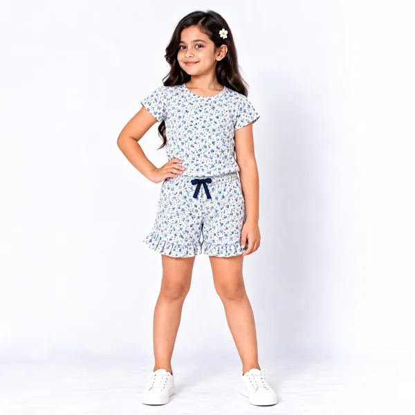 White_Poly_Cotton_Floral_Print_T-Shirt_And_Shorts_Set_For_Girls