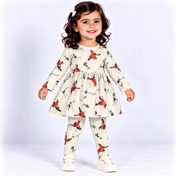 Cream_Poly_Cotton_Floral_Bird_Print_Full_Sleeve_Dress_Set_For_Girls