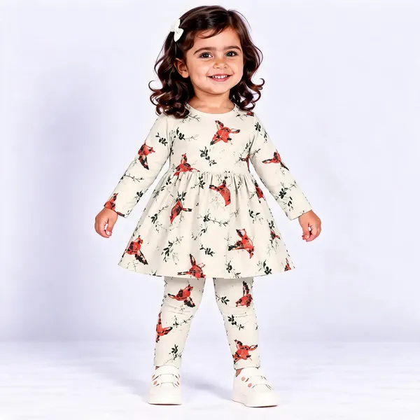 Cream_Poly_Cotton_Floral_Bird_Print_Full_Sleeve_Dress_Set_For_Girls
