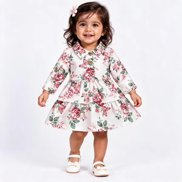 White_Poly_Cotton_Floral_Print_Tiered_Full_Sleeve_Dress_For_Girls