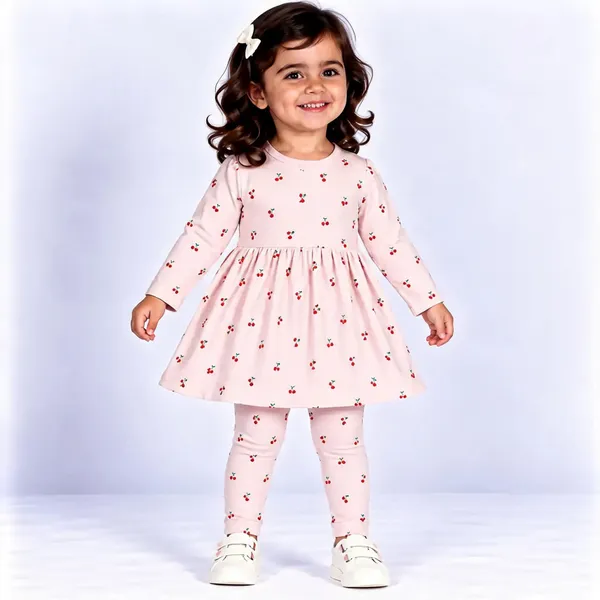 Pink_Poly_Cotton_Cherry_Print_Full_Sleeve_Dress_Set_For_Girls