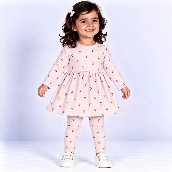 Pink_Poly_Cotton_Cherry_Print_Full_Sleeve_Dress_Set_For_Girls