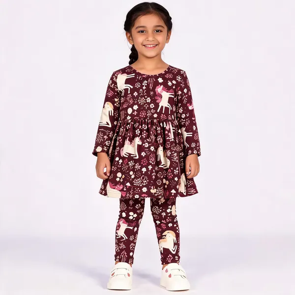 Maroon_Poly_Cotton_Floral_Print_Fit_And_Flare_Dress_Set_For_Girls