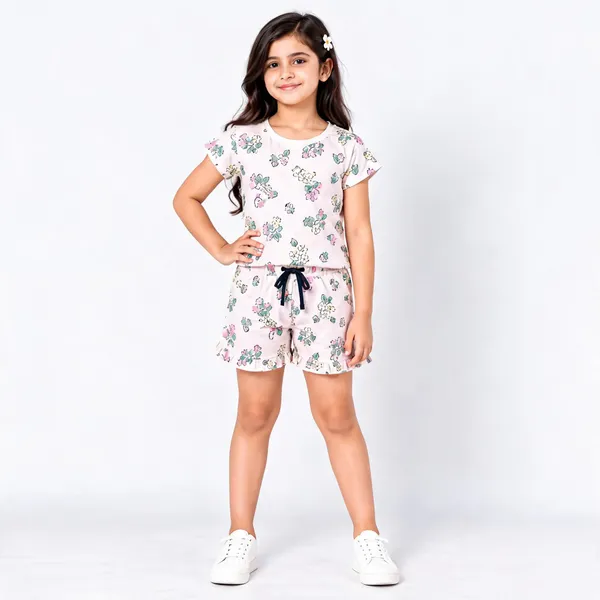 Pink_Poly_Cotton_Floral_Print_Short_Sleeve_Co-Ord_Set_For_Girls