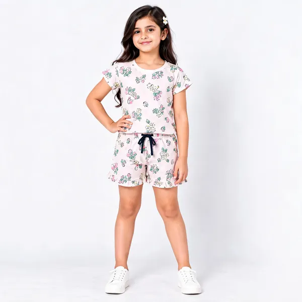 Pink_Poly_Cotton_Floral_Print_Short_Sleeve_Co-Ord_Set_For_Girls