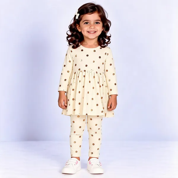 Cream_Poly_Cotton_Polka_Dot_Full_Sleeve_Dress_Set_For_Girls