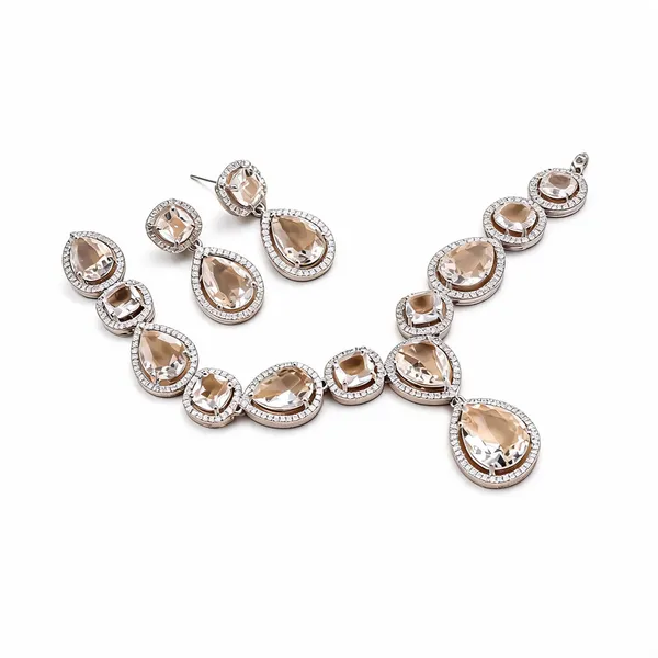 Silver_Clear_Brass_Crystal_Teardrop_Necklace_Set_For_Women