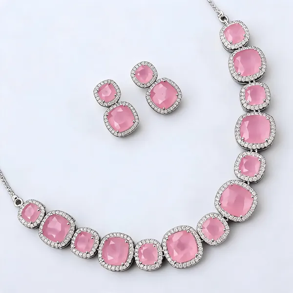 Pink_Stone_Silver_Tone_Rhinestone_Necklace_Set_For_Women