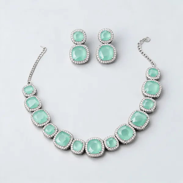 Mint_Green_Stone_Silver_Tone_Linked_Necklace_Set_For_Women