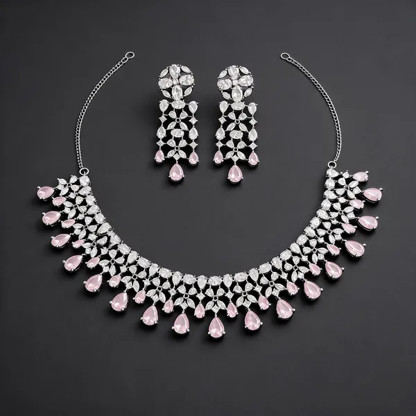 Pink_Silver_Tone_Brass_Crystal_Necklace_Set_For_Women