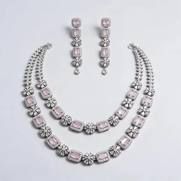 Pink_Silver_Tone_Brass_Stone_Layered_Necklace_Set_For_Women