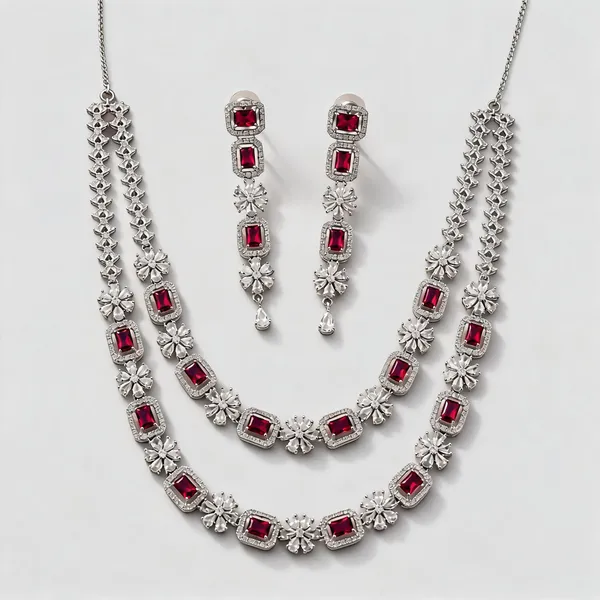 Silver_Red_Brass_Floral_Layered_Necklace_Set_For_Women