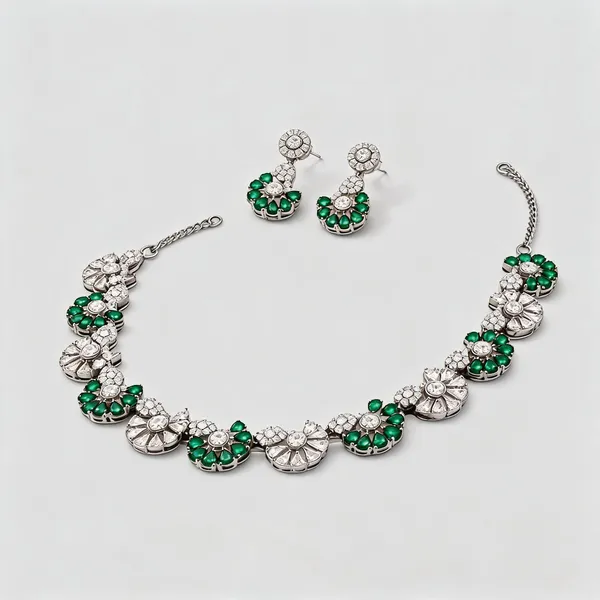 Green_Silver_Tone_Brass_Floral_Stone_Necklace_And_Earrings_Set_For_Women