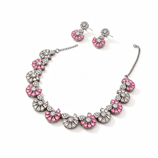 Pink_Stone_Silver_Tone_Floral_Necklace_Set_For_Women