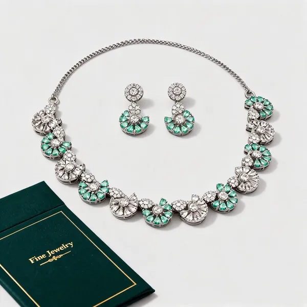 Green_Stone_Silver_Tone_Floral_Cluster_Necklace_Set_For_Women