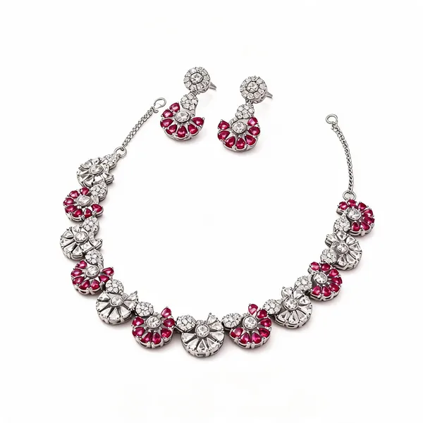 Pink_Stone_Silver_Tone_Floral_Cluster_Necklace_Set_For_Women