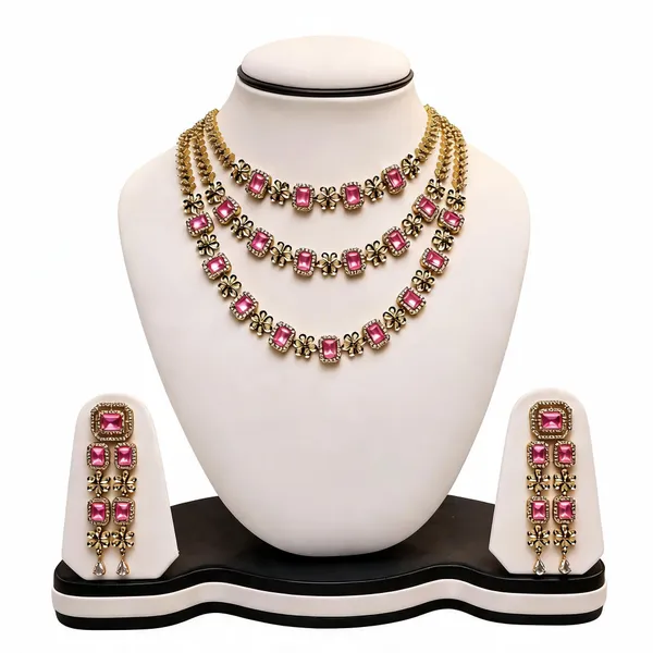 Pink_Gold_Tone_Brass_Rectangular_Stone_Necklace_Earrings_Set_For_Women