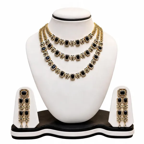 Black_Brass_Gold_Tone_Layered_Necklace_And_Earrings_Set_For_Women