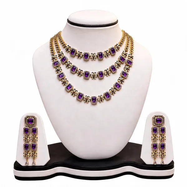 Purple_Stone_Gold_Tone_Three_Layer_Floral_Necklace_Set_For_Women