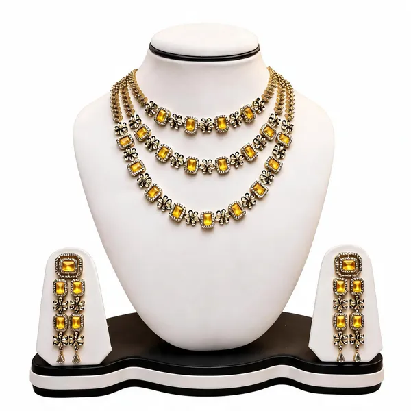 Yellow_Stone_Gold_Tone_Layered_Floral_Necklace_Set_For_Women