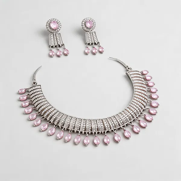 Pink_Brass_Silver_Tone_Stone_Necklace_Set_For_Women
