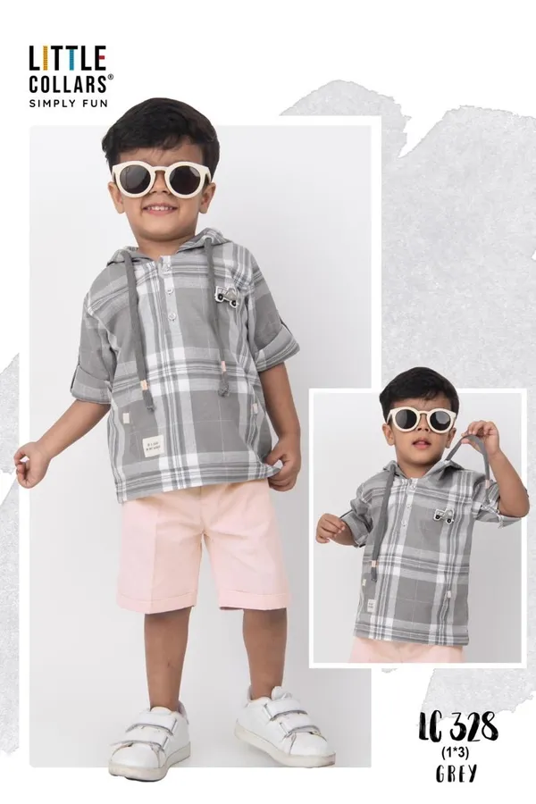 Grey_Checkered_Hooded_Shirt_And_Shorts_Set_For_Boys