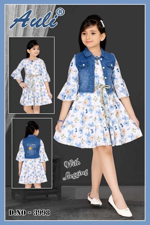 White_Floral_Denim_Layered_Dress_For_Girls