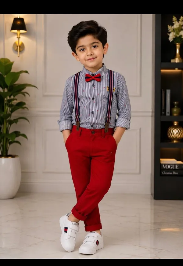 Multicolour_Striped_Shirt_And_Red_Trouser_Set_for_Boys