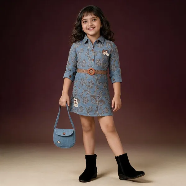 Blue_Cotton_Printed_Shirt_Dress_Set_For_Girls