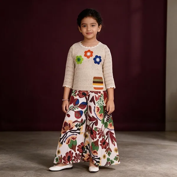 Cream_Crochet_Top_Printed_Palazzo_Set_For_Girls