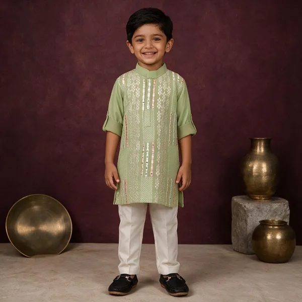 Green_Embroidered_Kurta_Set_For_Boys