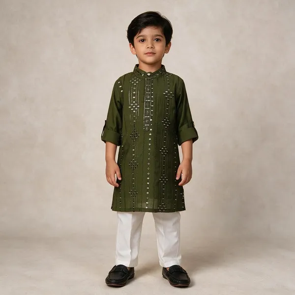 Green_Embellished_Kurta_Set_For_Boys