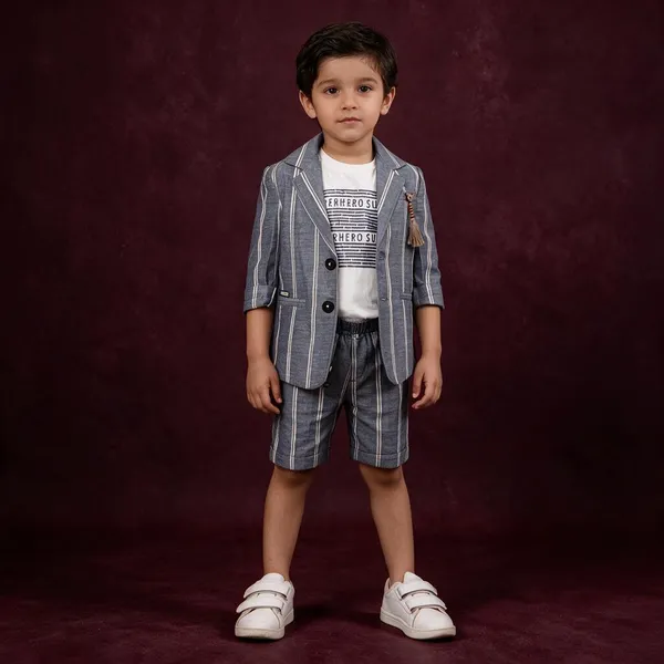 Grey_Striped_Blazer_Shorts_Set_For_Boys