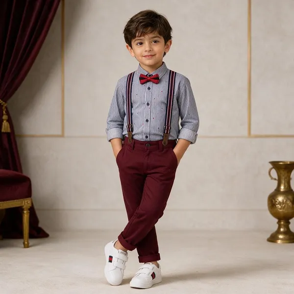 Multicolour_Striped_Shirt_And_Red_Trouser_Set_For_Boys