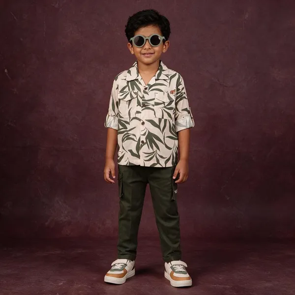 Olive_Green_Printed_Shirt_And_Cargo_Pants_Set_For_Boys