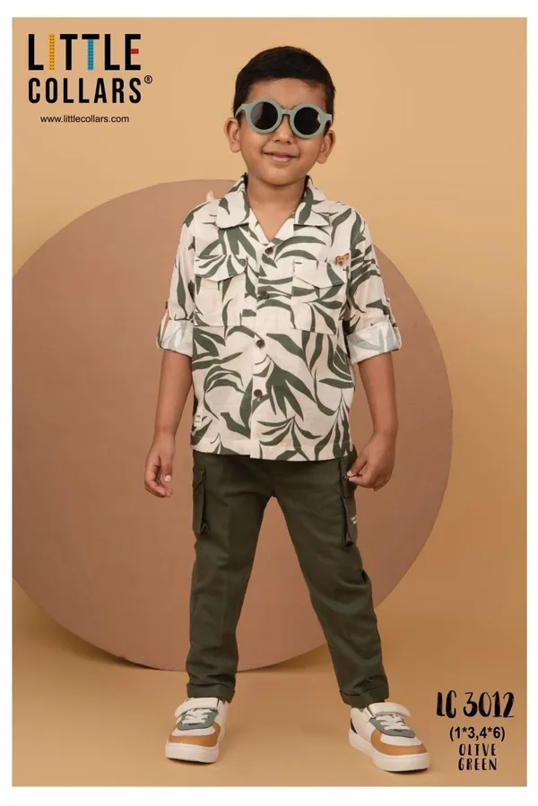 Olive_Green_Printed_Shirt_And_Cargo_Pants_Set_For_Boys