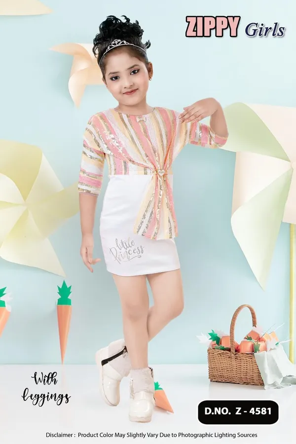 Pink_Striped_Top_And_Skirt_Set_With_Leggings_For_Girls