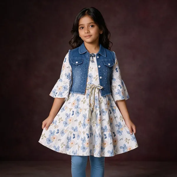 White_Floral_Denim_Layered_Dress_For_Girls