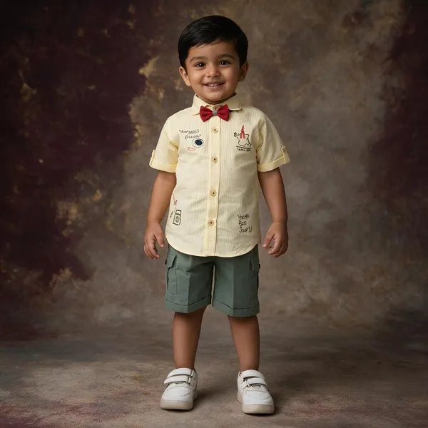 Yellow_Casual_Shirt_And_Green_Shorts_Set_For_Boys