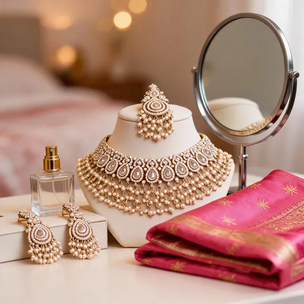 Gold_Tone_Pearl_Detail_Semi_Bridal_Necklace_Earrings_Maang_Tikka_Set_For_Women