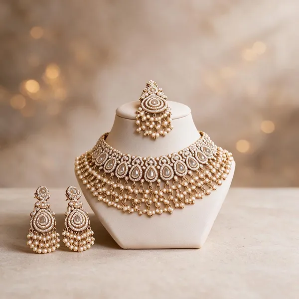 Gold_Tone_Pearl_Detail_Semi_Bridal_Necklace_Earrings_Maang_Tikka_Set_For_Women