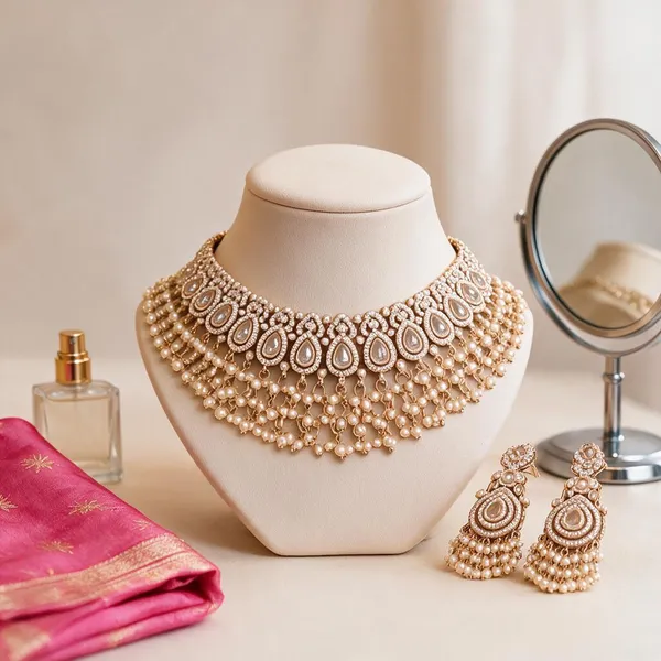 Gold_Tone_Pearl_Detail_Semi_Bridal_Necklace_Earrings_Maang_Tikka_Set_For_Women