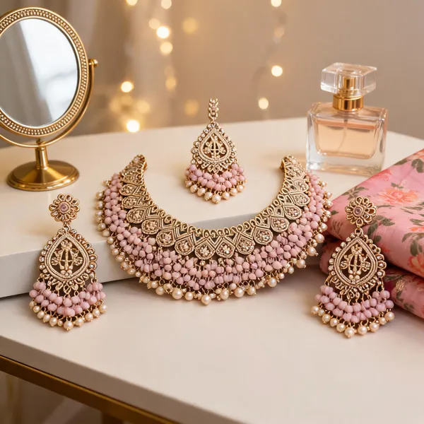 Pink_Gold_Tone_Kundan_Semi_Bridal_Necklace_Earrings_Maang_Tikka_Set_For_Women
