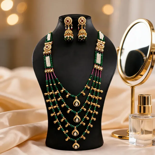 Green_Copper_Pearl_Beaded_Rajwadi_Layered_Necklace_Set_For_Women