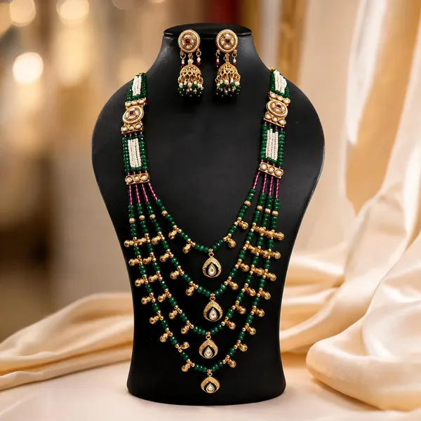 Green_Copper_Pearl_Beaded_Rajwadi_Layered_Necklace_Set_For_Women