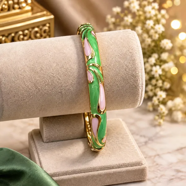 Green_Brass_Gold-Tone_Enamel_Floral_Bangle_For_Women