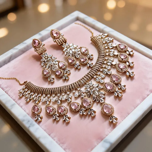 Pink_Gold-Tone_Ad_Floral_Teardrop_Necklace_Set_For_Women