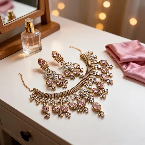 Pink_Gold-Tone_Ad_Floral_Teardrop_Necklace_Set_For_Women